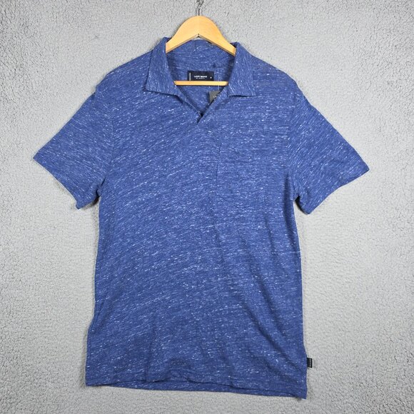 Lucky Brand Linen Blend Polo Shirt Medium Blue Depths Johnny Collar Slim Fit NWT - Picture 1 of 10
